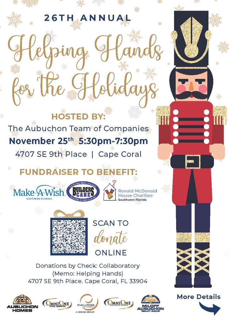 Invitation to Helping Hands for the Holidays on Monday November 25th from 5:30-7:30 at 4707 SE 9th Place in Cape Coral.